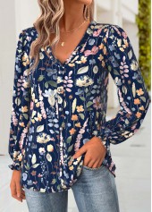 Navy Tummy Coverage Floral Print Long Sleeve Blouse | thumb picture 