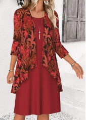 Red Tummy Coverage Leaf Print Dress and Cardigan