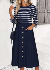 Navy Tummy Coverage Striped 3/4 Sleeve Round Neck Dress
