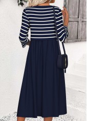 Navy Tummy Coverage Striped 3/4 Sleeve Round Neck Dress | thumb picture 