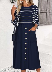 Navy Tummy Coverage Striped 3/4 Sleeve Round Neck Dress | thumb picture 