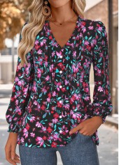 Multi Color Frill Floral Print Long Sleeve Blouse