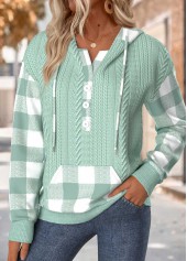 Sage Green Tummy Coverage Plaid Long Sleeve Hoodie