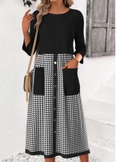 Black Tummy Coverage Plaid 3/4 Sleeve Round Neck Dress