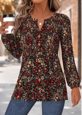 Multi Color Peplum Floral Print Long Sleeve Blouse