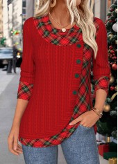 Deep Red Patchwork Plaid Long Sleeve T Shirt | thumb picture 