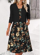 Black Tummy Coverage Floral Print Long Sleeve Dress