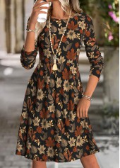 Multi Color Tummy Coverage Leaf Print Long Sleeve Dress | thumb picture 