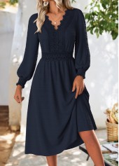 Navy Tummy Coverage Long Sleeve V Neck Dress