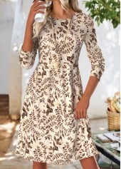 Beige Tummy Coverage Leaf Print Long Sleeve Dress