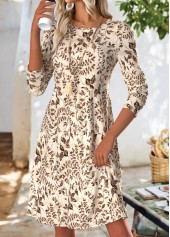 Beige Tummy Coverage Leaf Print Long Sleeve Dress | thumb picture 