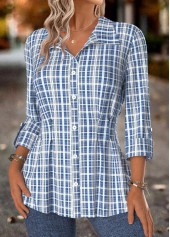 Blue Tummy Control Plaid Long Sleeve Shirt Collar Blouse | thumb picture 