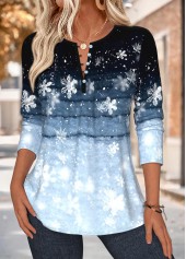 Blue Tuck Stitch Snowflake Print Long Sleeve Blouse