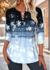 Blue Tuck Stitch Snowflake Print Long Sleeve Blouse | thumb picture 