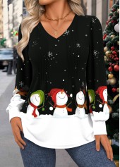Black Tuck Stitch Snowman Print Long Sleeve T Shirt