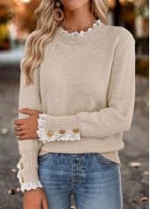 Light Camel Lace Trim Long Sleeve Round Neck Sweater