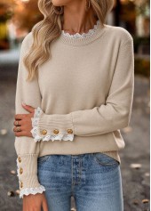 Light Camel Lace Trim Long Sleeve Round Neck Sweater | thumb picture 