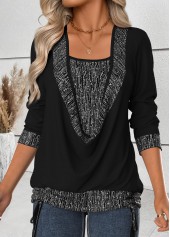 Black Tummy Coverage Long Sleeve Draped Neck T Shirt