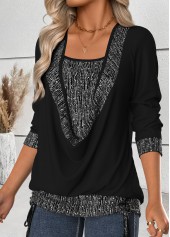 Black Tummy Coverage Long Sleeve Draped Neck T Shirt | thumb picture 