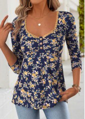 Navy Tummy Coverage Floral Print Long Sleeve T Shirt