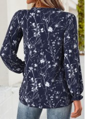 Navy Frill Floral Print Long Sleeve V Neck Blouse | thumb picture 