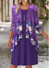 Purple Tummy Coverage Floral Print Dress and Cardigan
