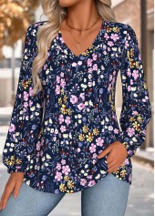 Navy Tummy Coverage Floral Print Long Sleeve Blouse