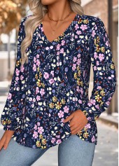 Navy Tummy Coverage Floral Print Long Sleeve Blouse | thumb picture 