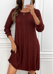 Wine Red A Line Long Sleeve Round Neck Dress