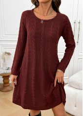 Wine Red A Line Long Sleeve Round Neck Dress | thumb picture 