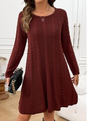 Wine Red A Line Long Sleeve Round Neck Dress | thumb picture 