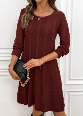 Wine Red A Line Long Sleeve Round Neck Dress | thumb picture 
