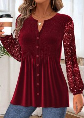 Wine Red Peplum Long Sleeve Split Neck Blouse | thumb picture 
