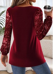 Wine Red Peplum Long Sleeve Split Neck Blouse | thumb picture 