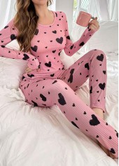 Pink Heart Print Long Sleeve Lounge Top and Pants