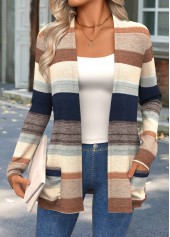 Multi Color Curved Hem Striped Long Sleeve Knit Cardigan