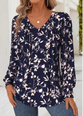 Navy Tummy Coverage Floral Print Long Sleeve T Shirt