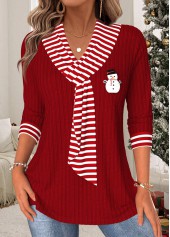 Christmas Wine Red Tummy Coverage Striped T Shirt