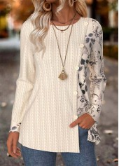 Beige Tummy Coverage Leaf Print Long Sleeve T Shirt