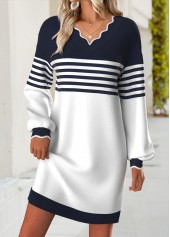 Navy Striped Short Long Sleeve V Neck Dress