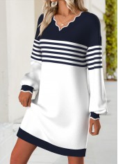 Navy Striped Short Long Sleeve V Neck Dress | thumb picture 