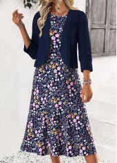 Navy Tummy Coverage Leaf Print Dress and Cardigan