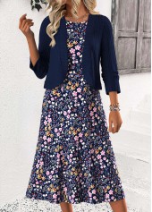 Navy Tummy Coverage Leaf Print Dress and Cardigan | thumb picture 