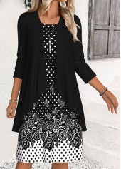 Black Tummy Coverage Polka Dot Dress and Cardigan