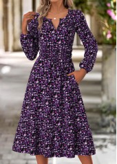 Purple Double Side Pockets Ditsy Floral Print Dress