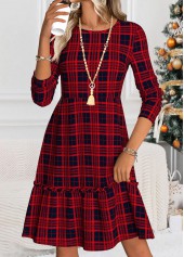 Wine Red Tummy Coverage Plaid Long Sleeve Dress | thumb picture 