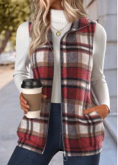 Red Double Side Pockets Plaid Sleeveless Stand Collar Waistcoat | thumb picture 