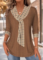 Dark Coffee Tummy Coverage Plaid 3/4 Sleeve T Shirt