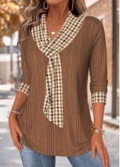 Dark Coffee Tummy Coverage Plaid 3/4 Sleeve T Shirt