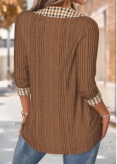 Dark Coffee Tummy Coverage Plaid 3/4 Sleeve T Shirt